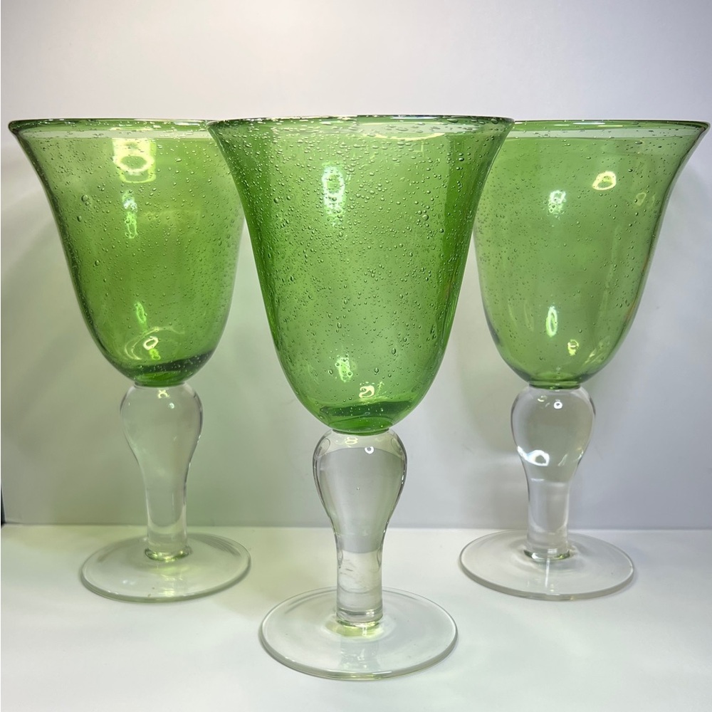 3 - 14oz Artland Iris Green Glass Bubble Glass Goblets